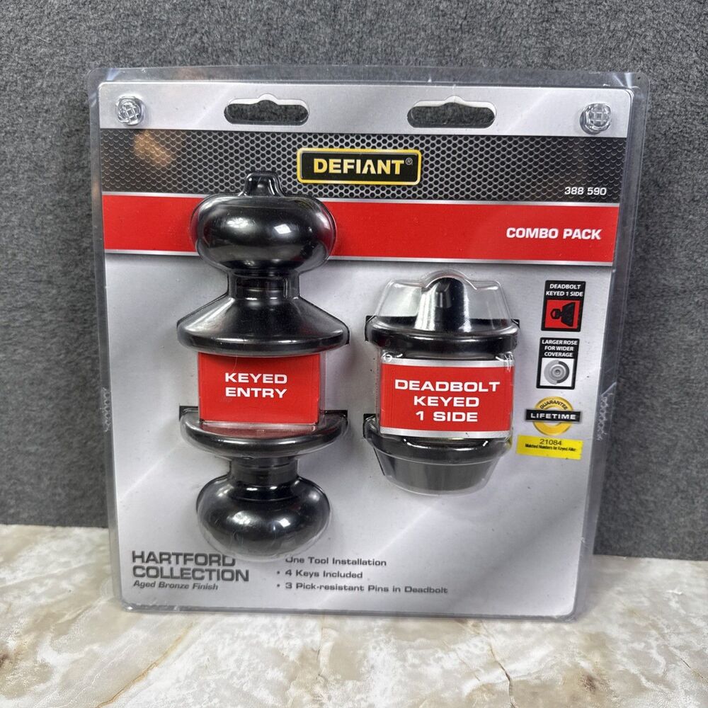 Defiant Hartford Aged Bronze Entry Knob and Double Cylinder Deadbolt Combo Pack